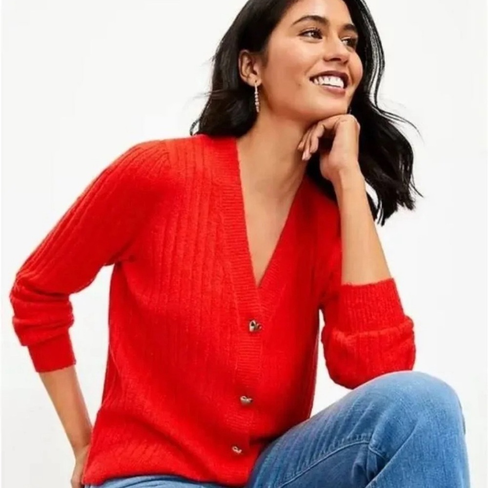 Loft Red V-Neck Cardigan Sweater Heart Button Puff Sleeves Knit XS Extra Small